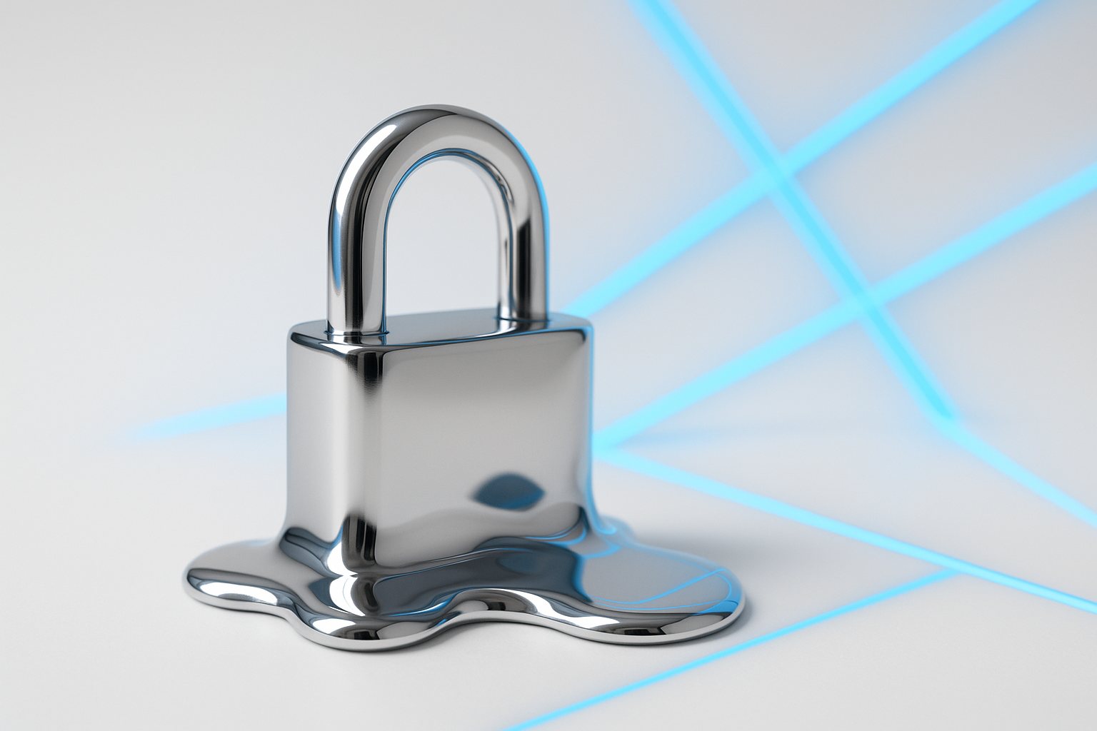 A padlock dissolving into blue light lines, representing password security